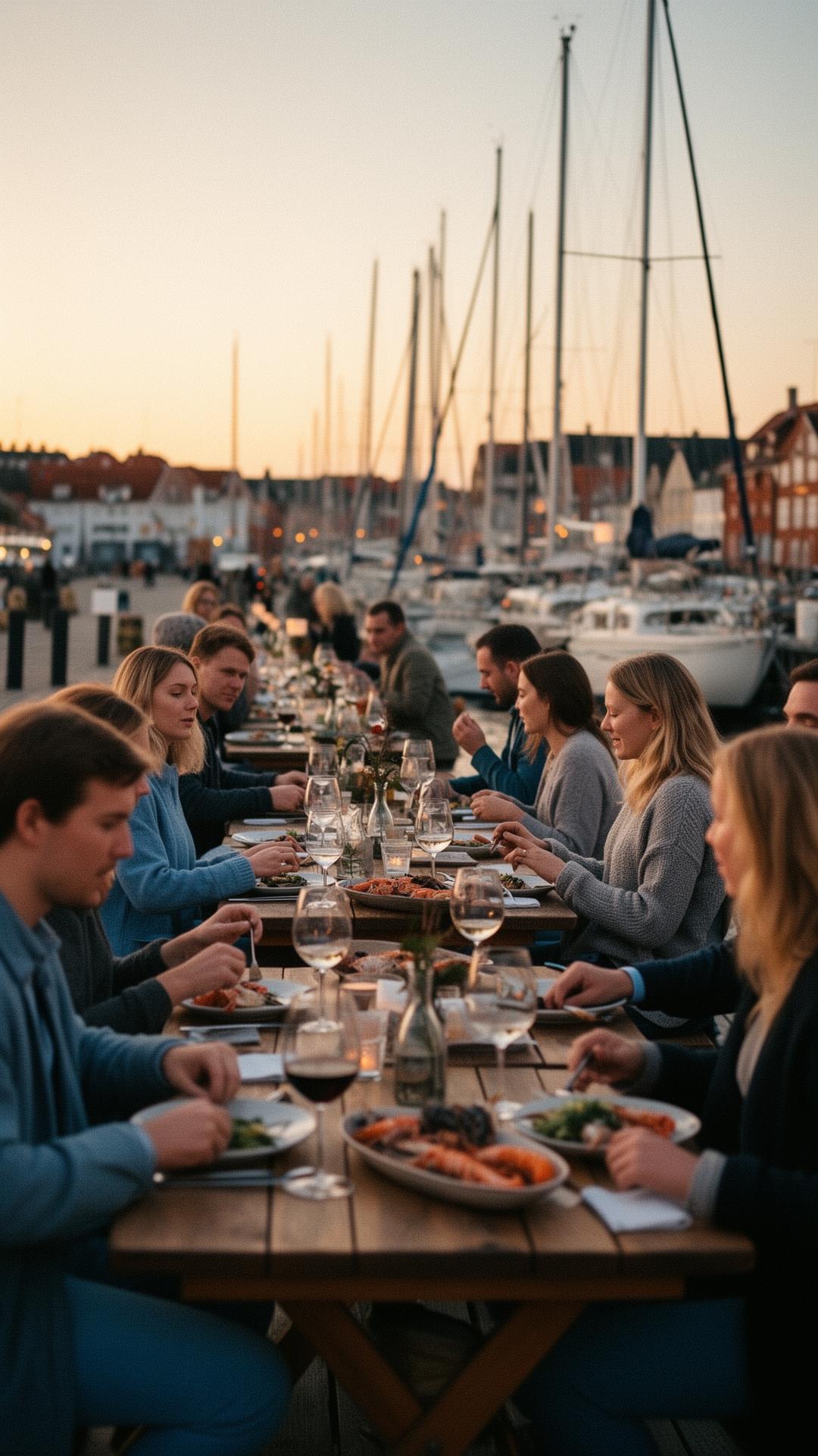 Gäster vid kajkanten i kvällsljuset